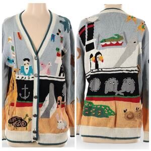 Vintage Jack B Quick Noahs Ark Animal Cardigan Sweater Linen Cotton Oversized